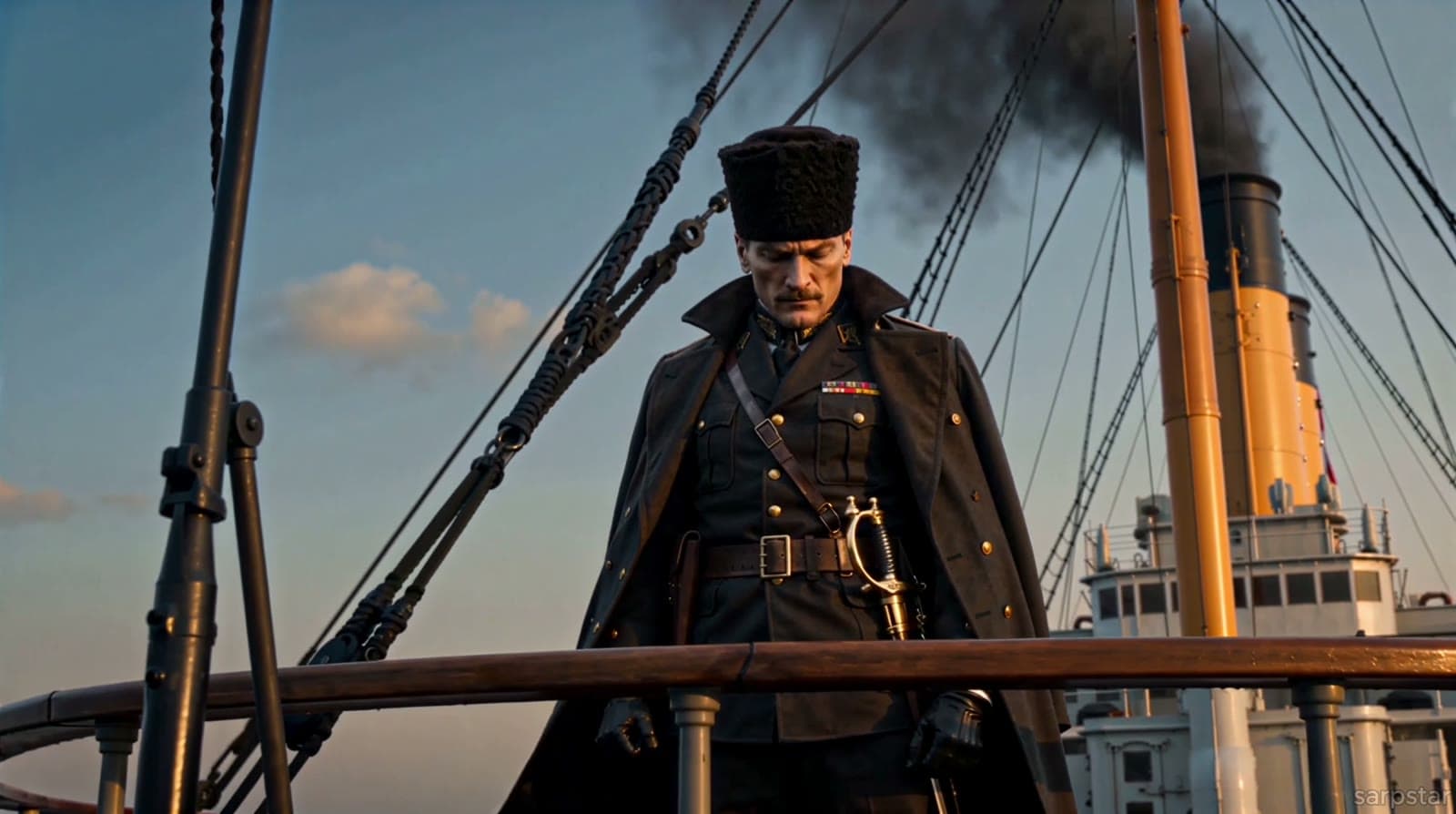 Still from 19 Mayıs: A ship at sea, an officer on deck, and an end card dated 19 May 1919.