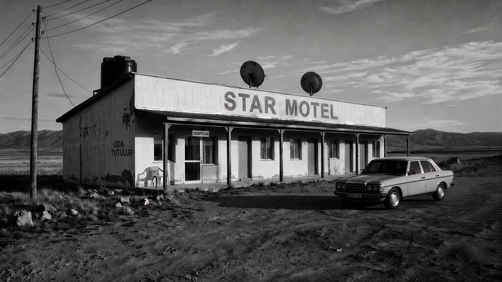 Still from Anadolu Sofrası: A black-and-white road film that passes a roadside motel called Star Motel.