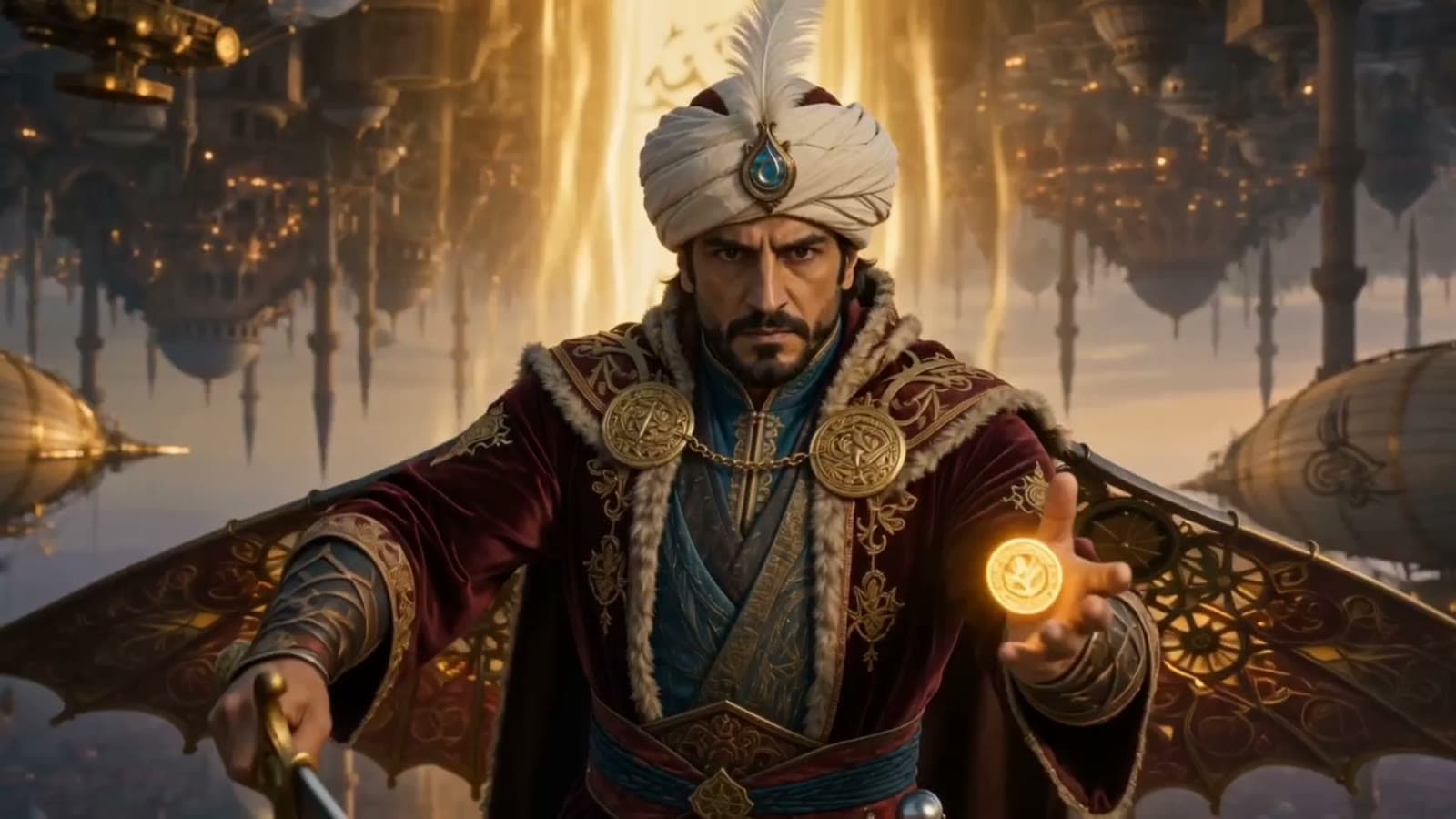 Still from Ottoman: Warriors, winged figures and golden light over Istanbul; the end card reads The Spirit of Istanbul.