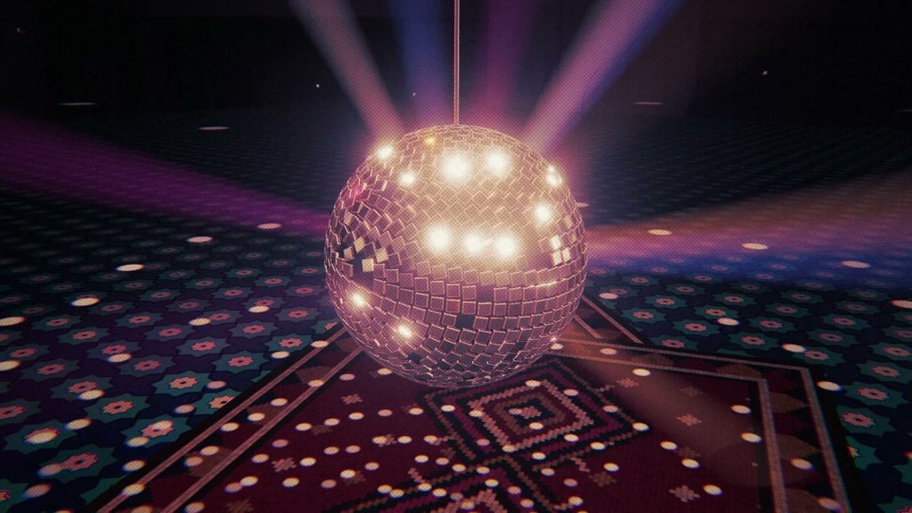Still from Sarpstar Ident: A chrome disco ball over a kilim floor breaks into light and resolves into the Sarpstar wordmark.