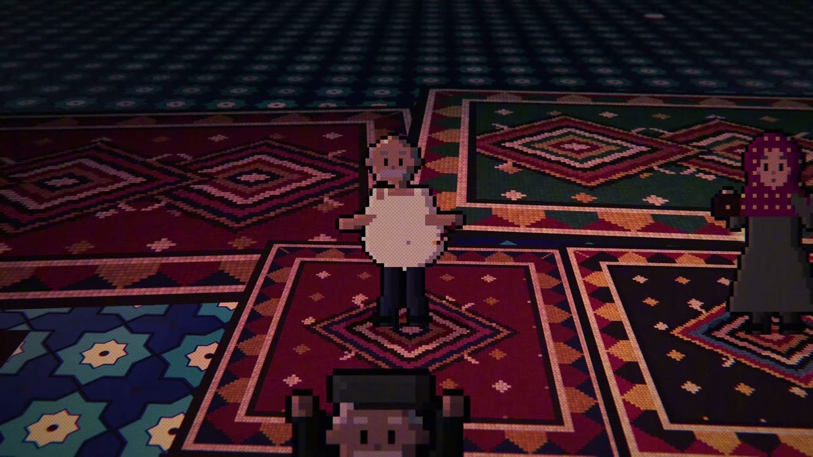 Still from Yurdum İnsanı: Dancers on a kilim floor, a Turkish flag and a trip to the moon, in the Sarpstar style.